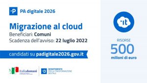 PNRR per i Comuni: Entro il 22 luglio 2022 per la migrazione al Cloud